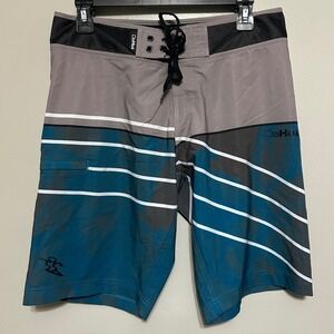 DaHui Board Shorts Mens 30 Gray Teal Excellent Striped Surf Swim Trunks Vacation
